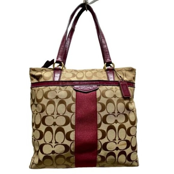 Coach Signature Stripe Shoulder Bag F28504 Patent Leather Trim Tan Raspberry GUC - Picture 1 of 16